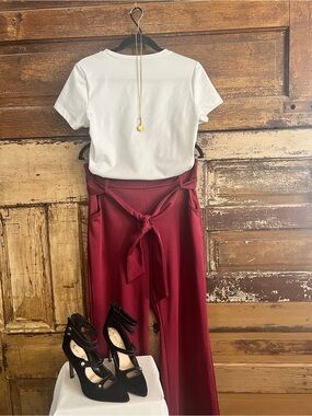Burgundy High Rise Wide Leg Pants | Tie Waist Trousers | Career Office Pants